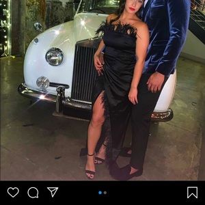 feather long black dress